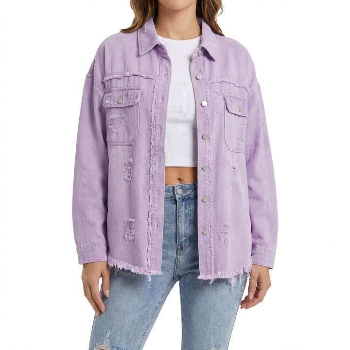 Women's Oversized Ripped Shacket – Casual Distressed Shirt Jacket for Fall & Spring