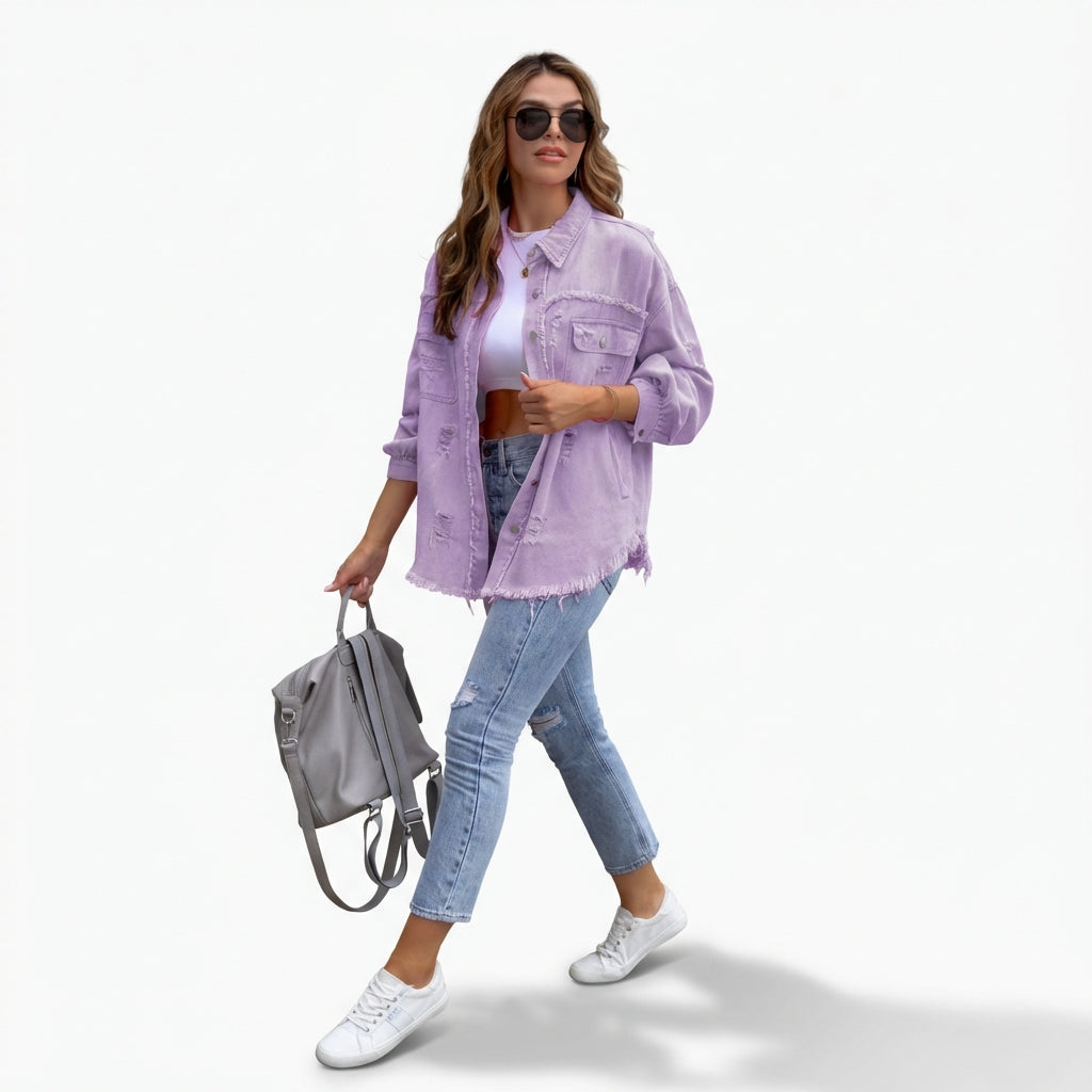 Women's Oversized Ripped Shacket – Casual Distressed Shirt Jacket for Fall & Spring