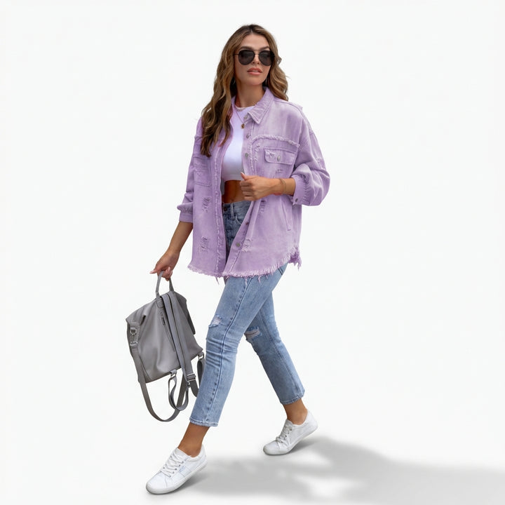 Women's Oversized Ripped Shacket – Casual Distressed Shirt Jacket for Fall & Spring