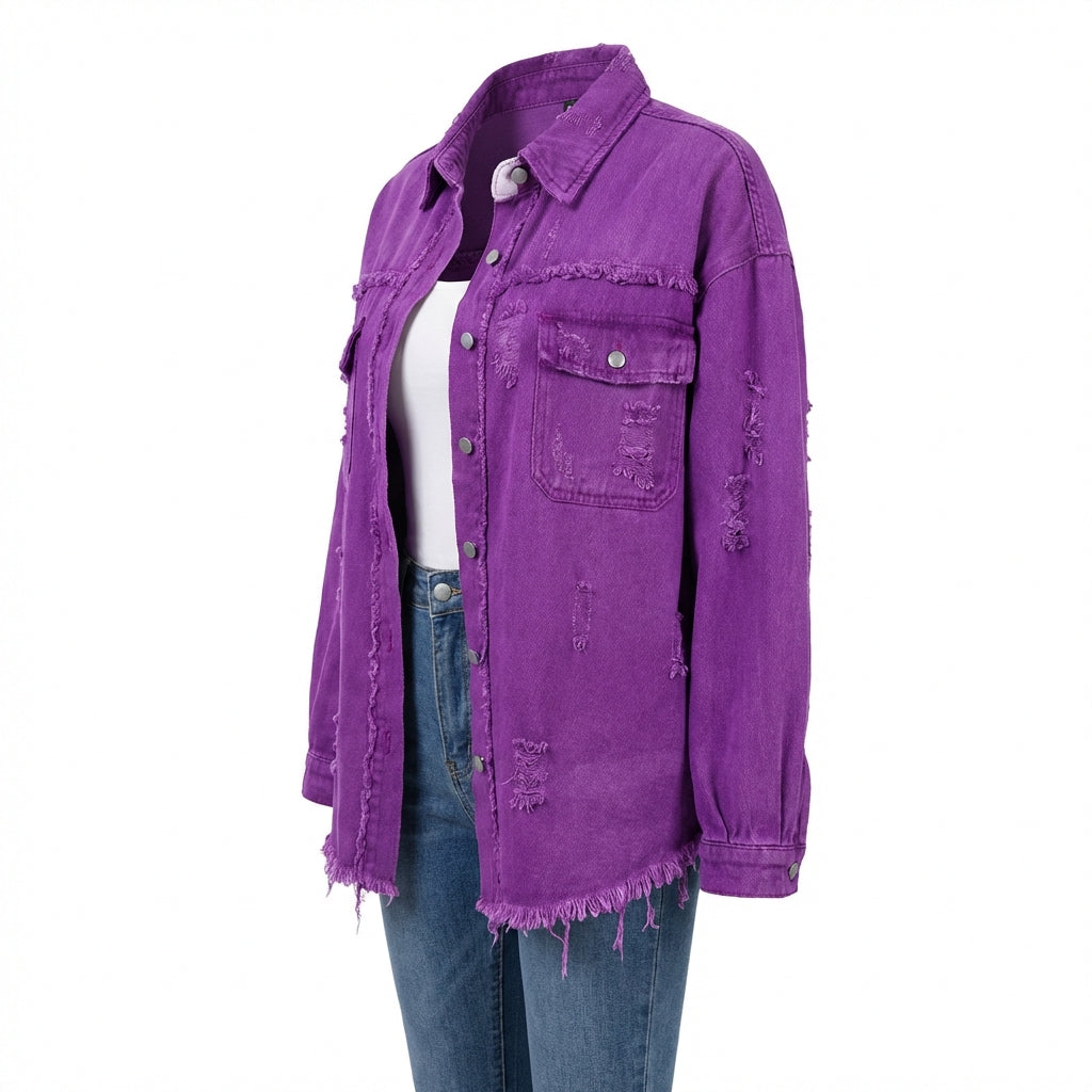 Women's Oversized Ripped Shacket – Casual Distressed Shirt Jacket for Fall & Spring