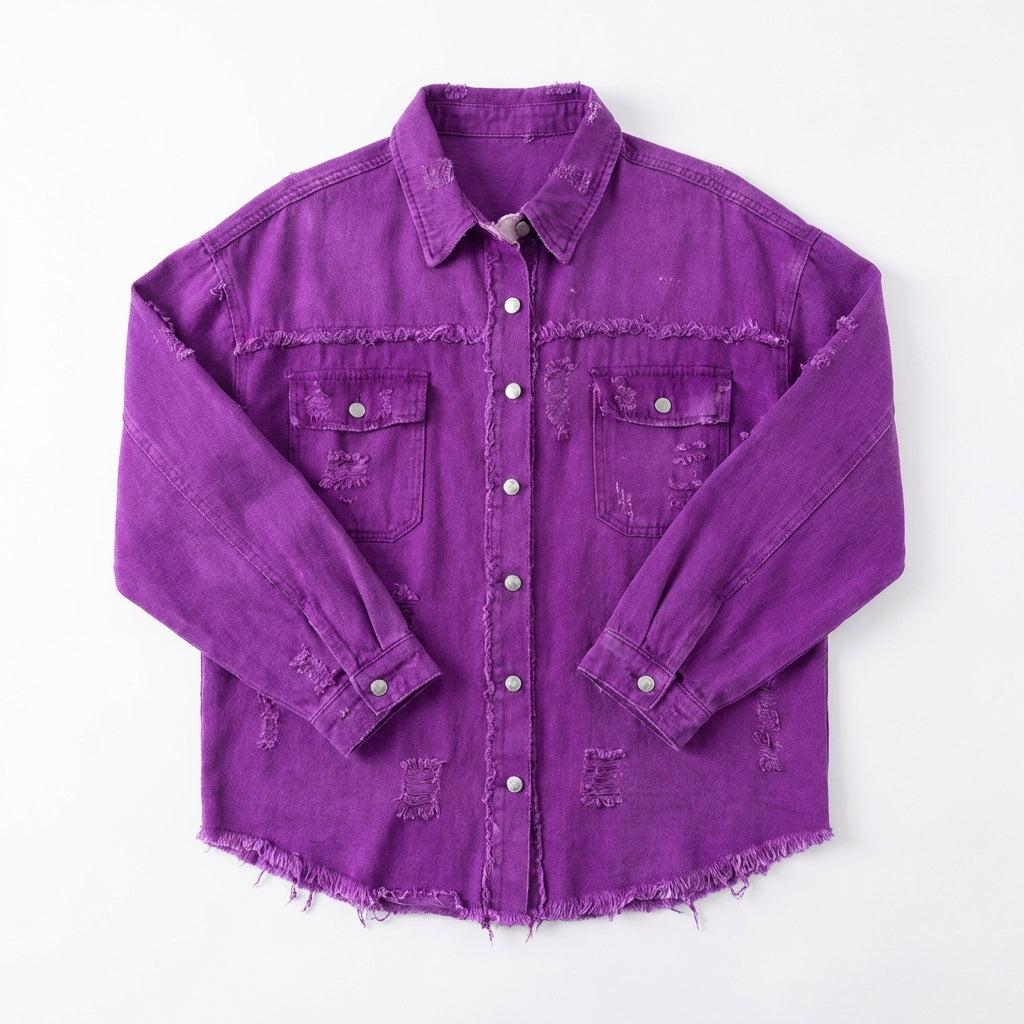 Women's Oversized Ripped Shacket – Casual Distressed Shirt Jacket for Fall & Spring