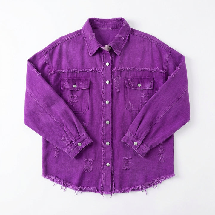 Women's Oversized Ripped Shacket – Casual Distressed Shirt Jacket for Fall & Spring