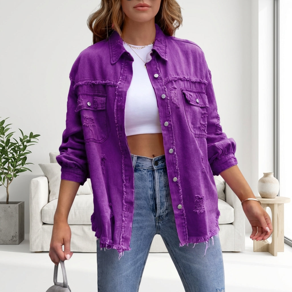 Women's Oversized Ripped Shacket – Casual Distressed Shirt Jacket for Fall & Spring