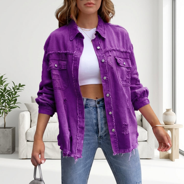 Women's Oversized Ripped Shacket – Casual Distressed Shirt Jacket for Fall & Spring
