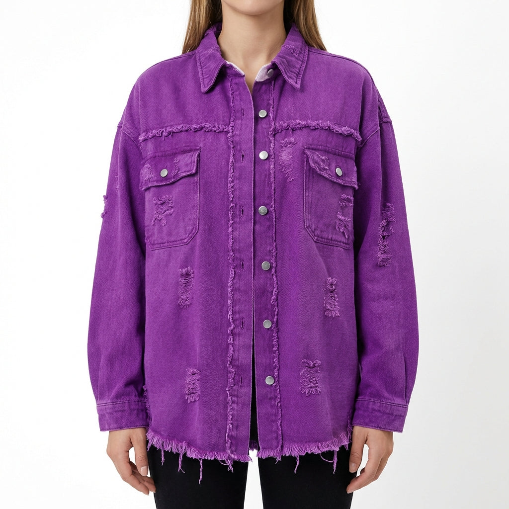 Women's Oversized Ripped Shacket – Casual Distressed Shirt Jacket for Fall & Spring