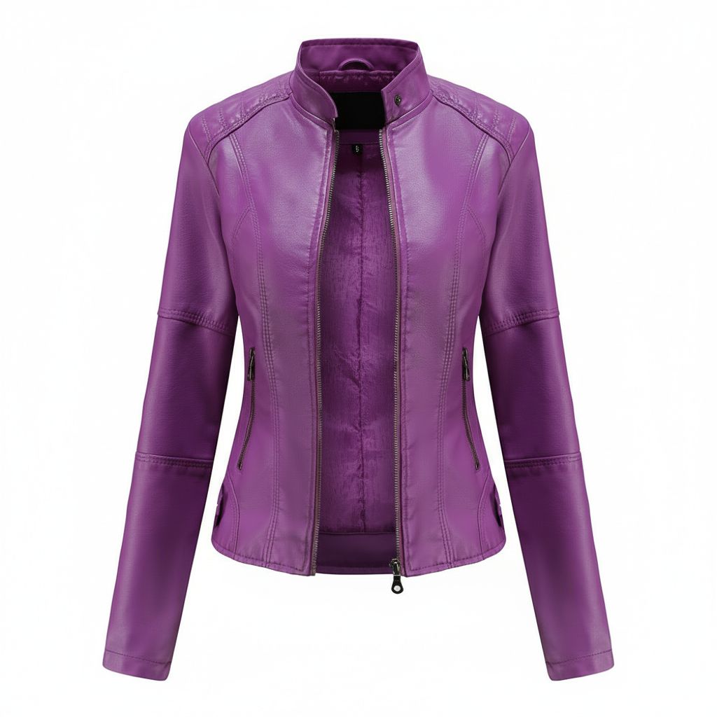 Women's Zip-up Leather Jackets Fashion Solid Color Pockets Stand Collar Top Outwear Clothing