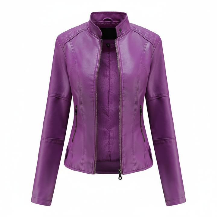 Women's Zip-up Leather Jackets Fashion Solid Color Pockets Stand Collar Top Outwear Clothing