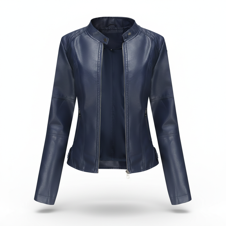 Women's Zip-up Leather Jackets Fashion Solid Color Pockets Stand Collar Top Outwear Clothing