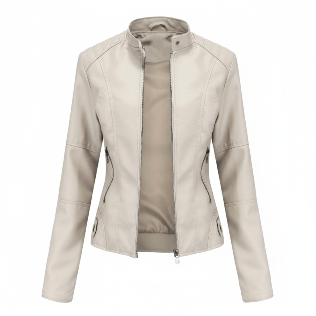 Women's Zip-up Leather Jackets Fashion Solid Color Pockets Stand Collar Top Outwear Clothing
