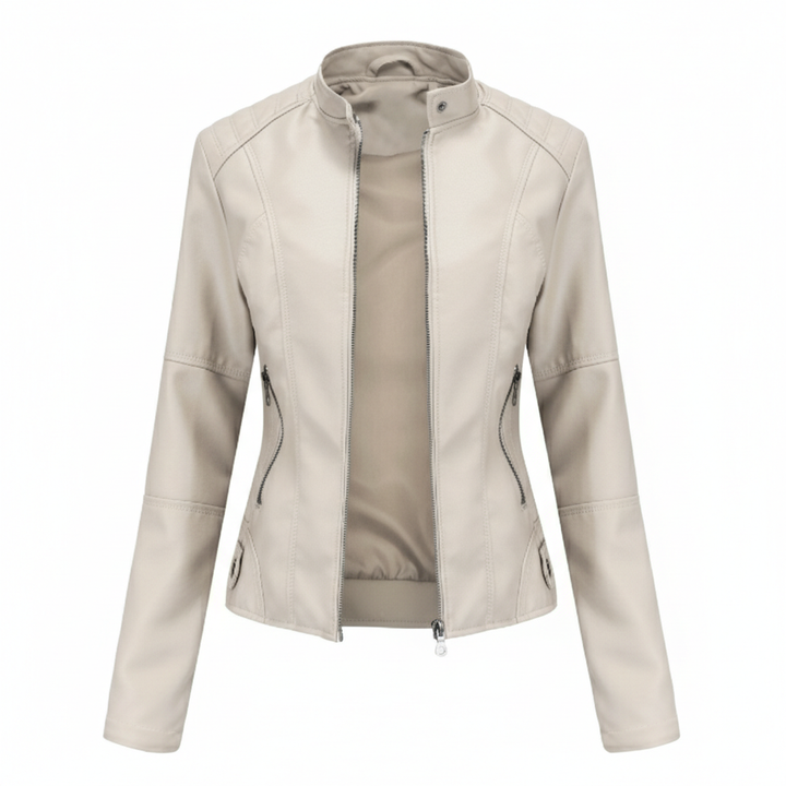 Women's Zip-up Leather Jackets Fashion Solid Color Pockets Stand Collar Top Outwear Clothing