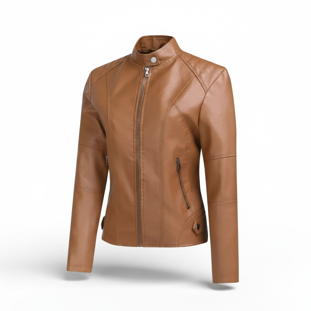 Women's Zip-up Leather Jackets Fashion Solid Color Pockets Stand Collar Top Outwear Clothing