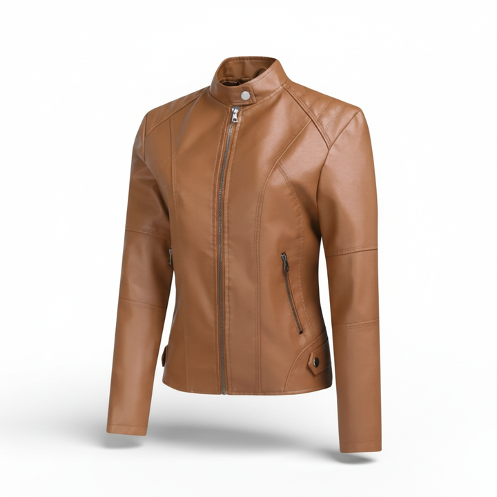 Women's Zip-up Leather Jackets Fashion Solid Color Pockets Stand Collar Top Outwear Clothing