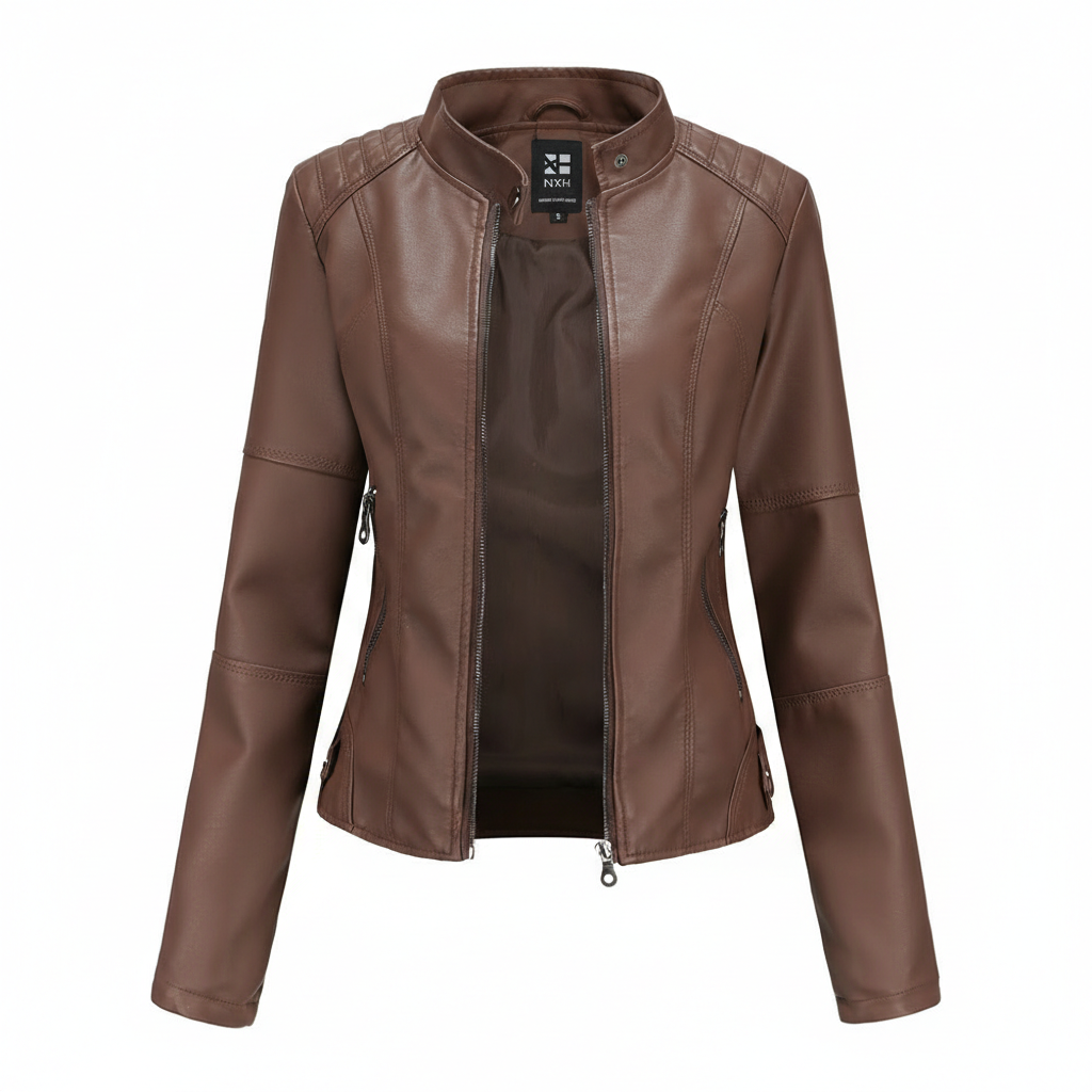 Women's Zip-up Leather Jackets Fashion Solid Color Pockets Stand Collar Top Outwear Clothing