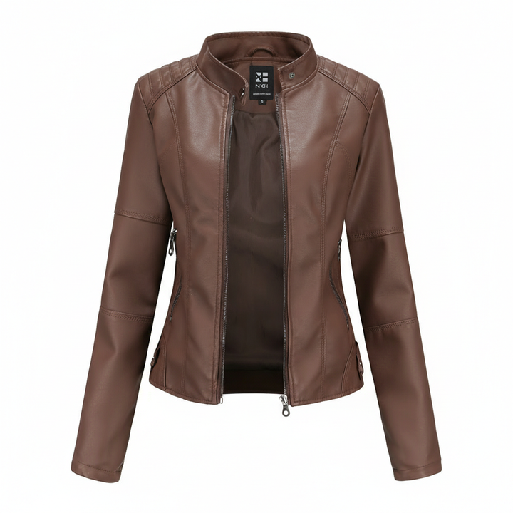 Women's Zip-up Leather Jackets Fashion Solid Color Pockets Stand Collar Top Outwear Clothing