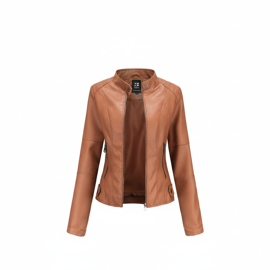 Women's Zip-up Leather Jackets Fashion Solid Color Pockets Stand Collar Top Outwear Clothing