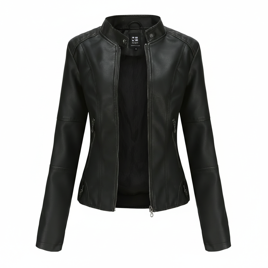 Women's Zip-up Leather Jackets Fashion Solid Color Pockets Stand Collar Top Outwear Clothing