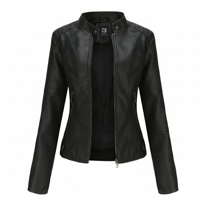 Women's Zip-up Leather Jackets Fashion Solid Color Pockets Stand Collar Top Outwear Clothing