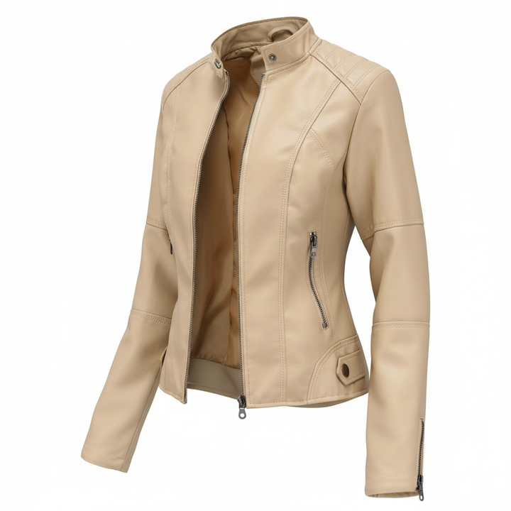 Women's Zip-up Leather Jackets Fashion Solid Color Pockets Stand Collar Top Outwear Clothing