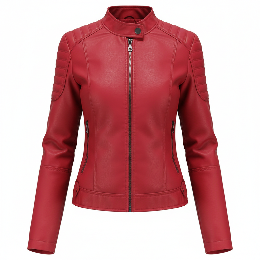 Women's Zip-up Leather Jackets Fashion Solid Color Pockets Stand Collar Top Outwear Clothing
