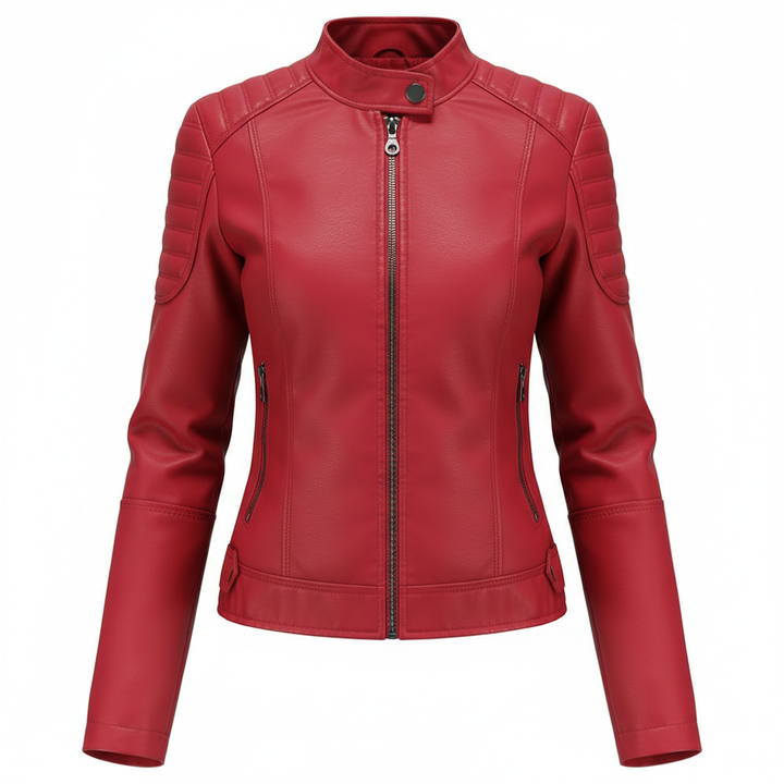 Women's Zip-up Leather Jackets Fashion Solid Color Pockets Stand Collar Top Outwear Clothing