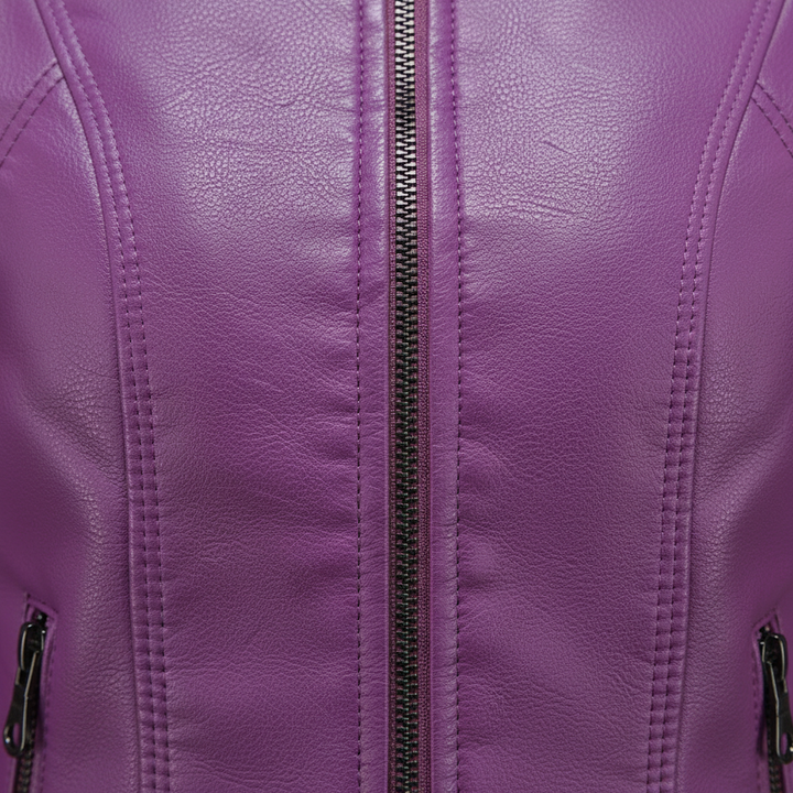 Women's Zip-up Leather Jackets Fashion Solid Color Pockets Stand Collar Top Outwear Clothing