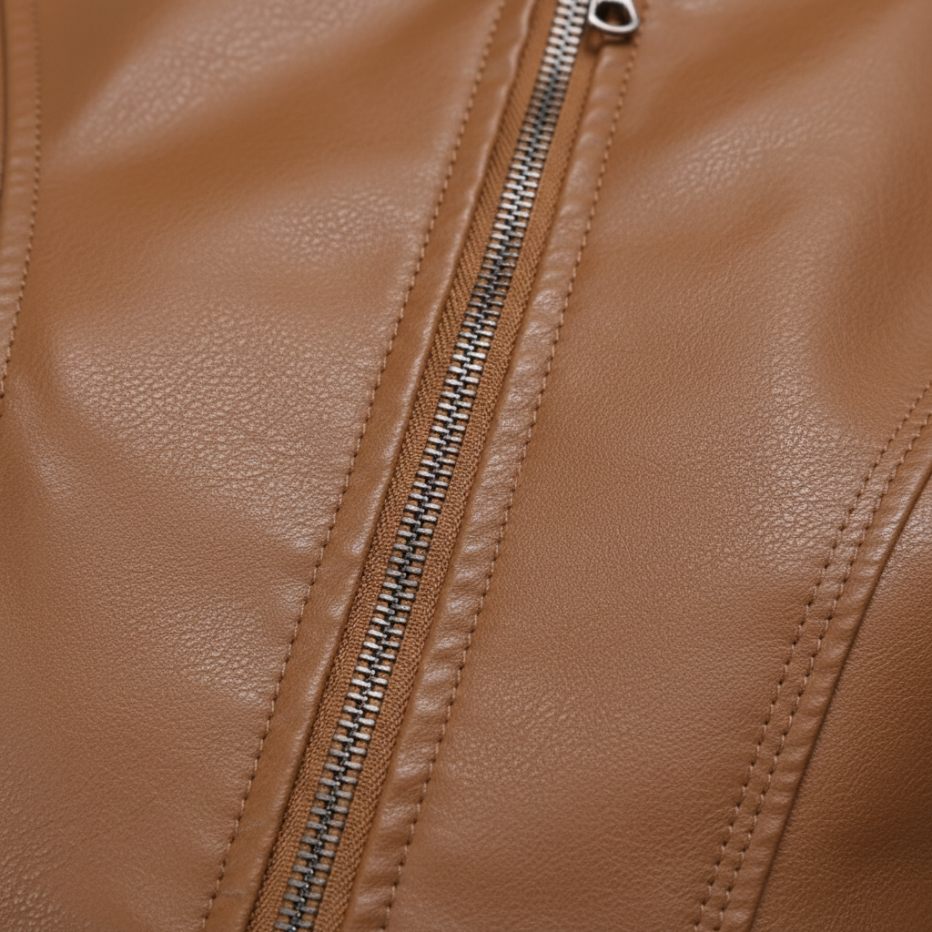 Women's Zip-up Leather Jackets Fashion Solid Color Pockets Stand Collar Top Outwear Clothing