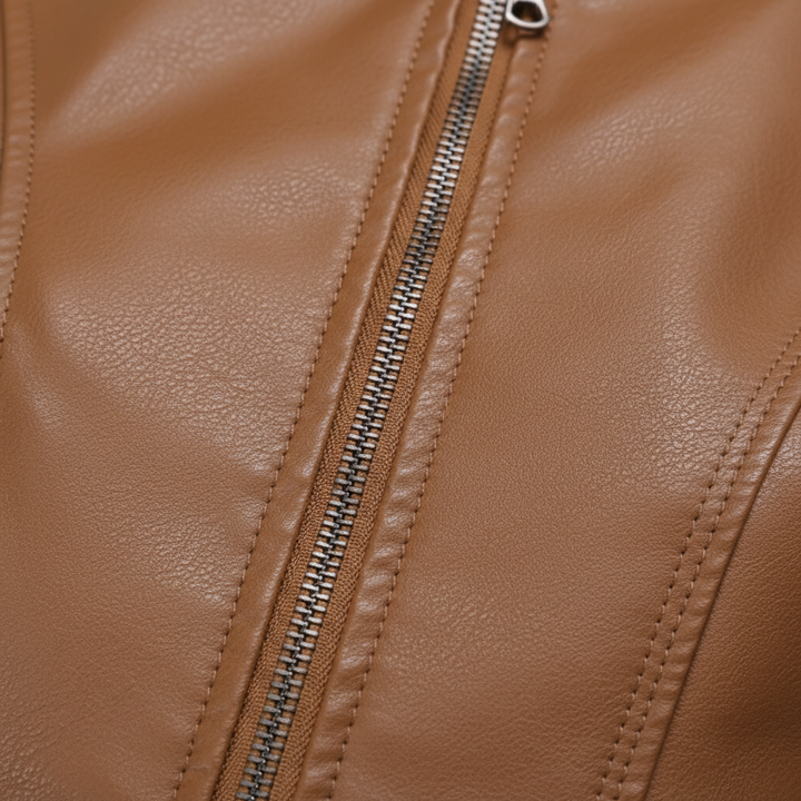 Women's Zip-up Leather Jackets Fashion Solid Color Pockets Stand Collar Top Outwear Clothing