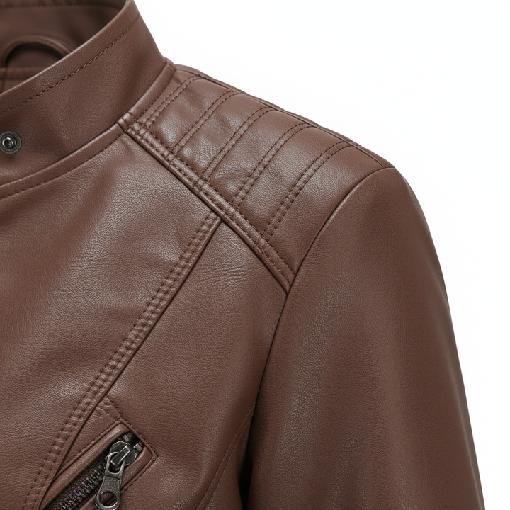 Women's Zip-up Leather Jackets Fashion Solid Color Pockets Stand Collar Top Outwear Clothing