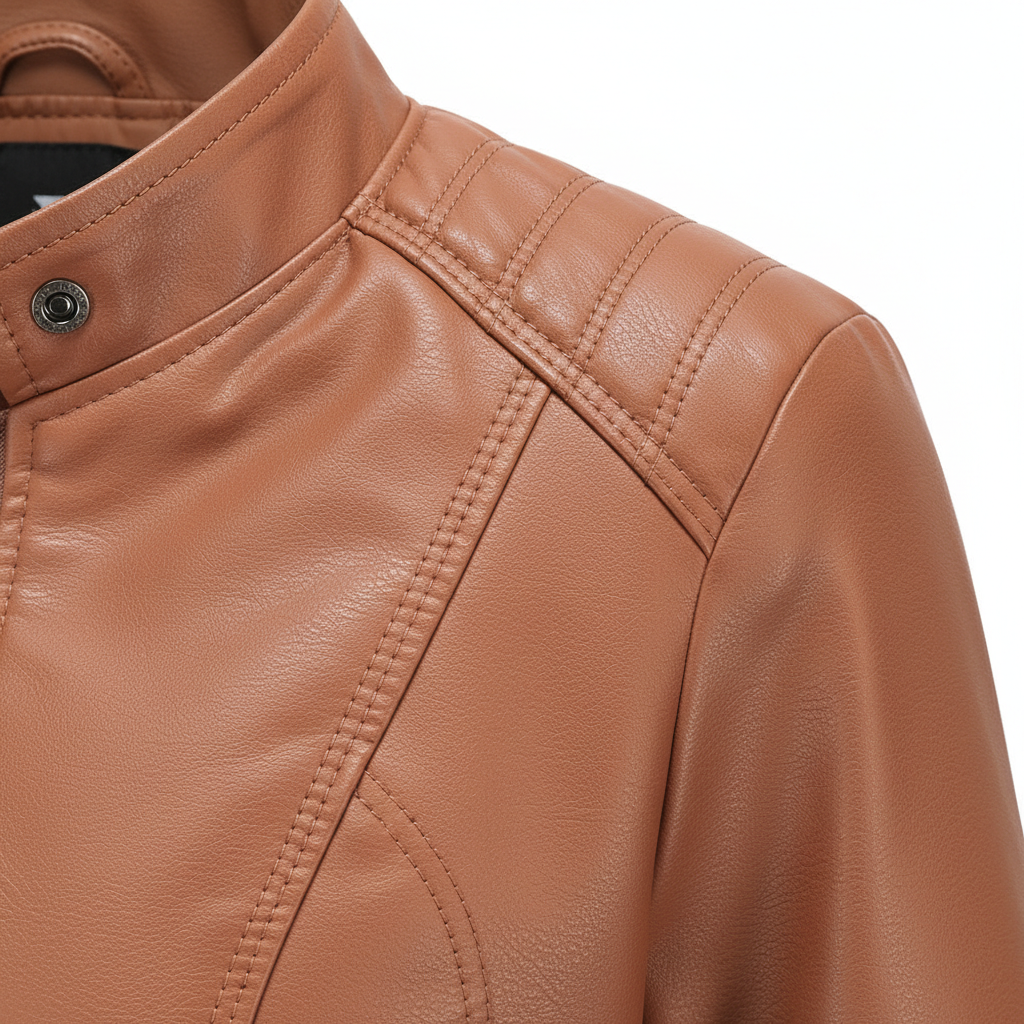 Women's Zip-up Leather Jackets Fashion Solid Color Pockets Stand Collar Top Outwear Clothing