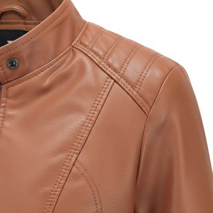 Women's Zip-up Leather Jackets Fashion Solid Color Pockets Stand Collar Top Outwear Clothing