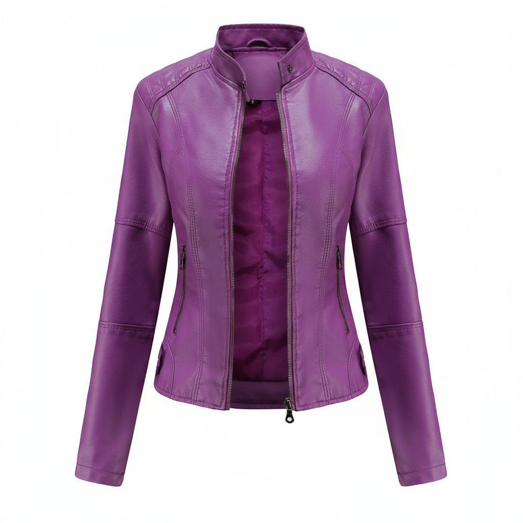 Women's Zip-up Leather Jackets Fashion Solid Color Pockets Stand Collar Top Outwear Clothing
