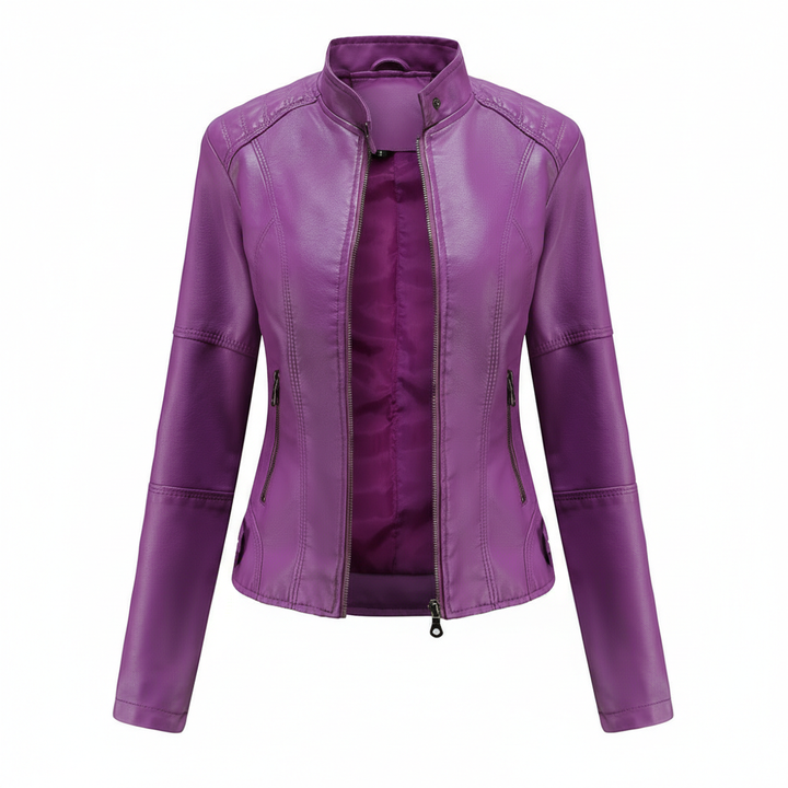 Women's Zip-up Leather Jackets Fashion Solid Color Pockets Stand Collar Top Outwear Clothing