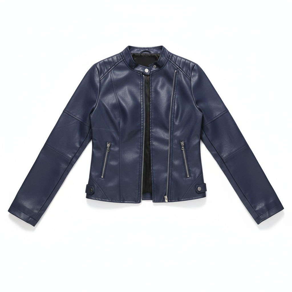 Women's Zip-up Leather Jackets Fashion Solid Color Pockets Stand Collar Top Outwear Clothing