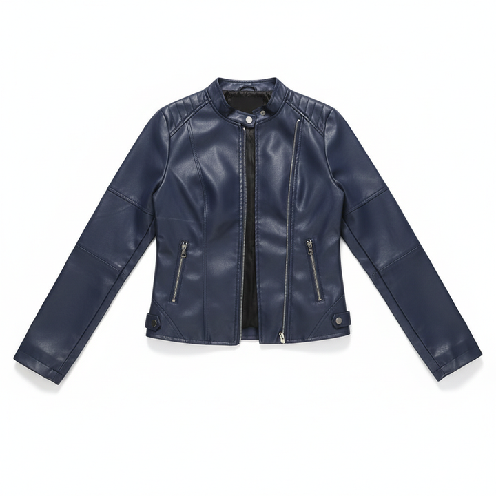 Women's Zip-up Leather Jackets Fashion Solid Color Pockets Stand Collar Top Outwear Clothing