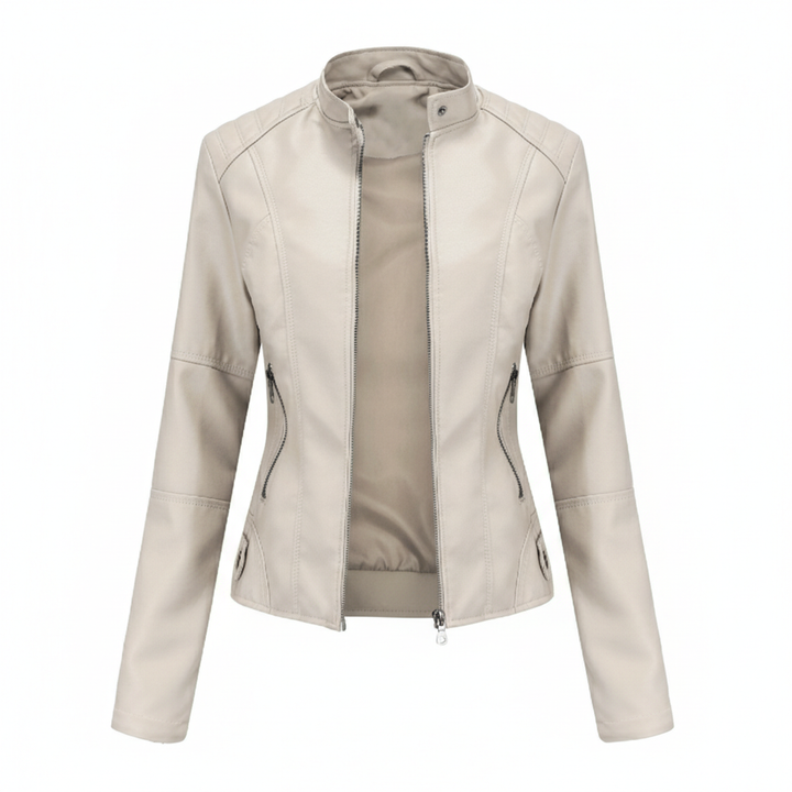 Women's Zip-up Leather Jackets Fashion Solid Color Pockets Stand Collar Top Outwear Clothing