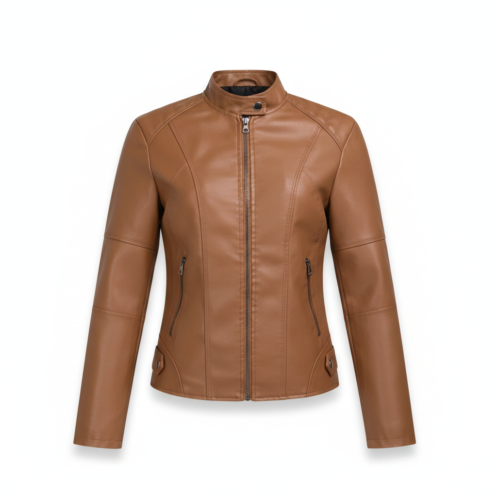 Women's Zip-up Leather Jackets Fashion Solid Color Pockets Stand Collar Top Outwear Clothing