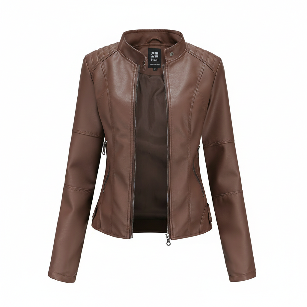 Women's Zip-up Leather Jackets Fashion Solid Color Pockets Stand Collar Top Outwear Clothing