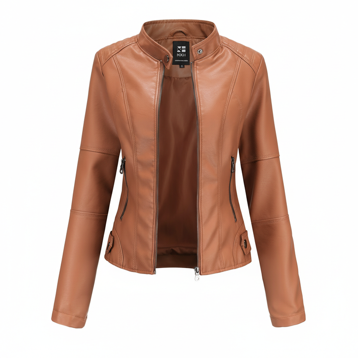 Women's Zip-up Leather Jackets Fashion Solid Color Pockets Stand Collar Top Outwear Clothing