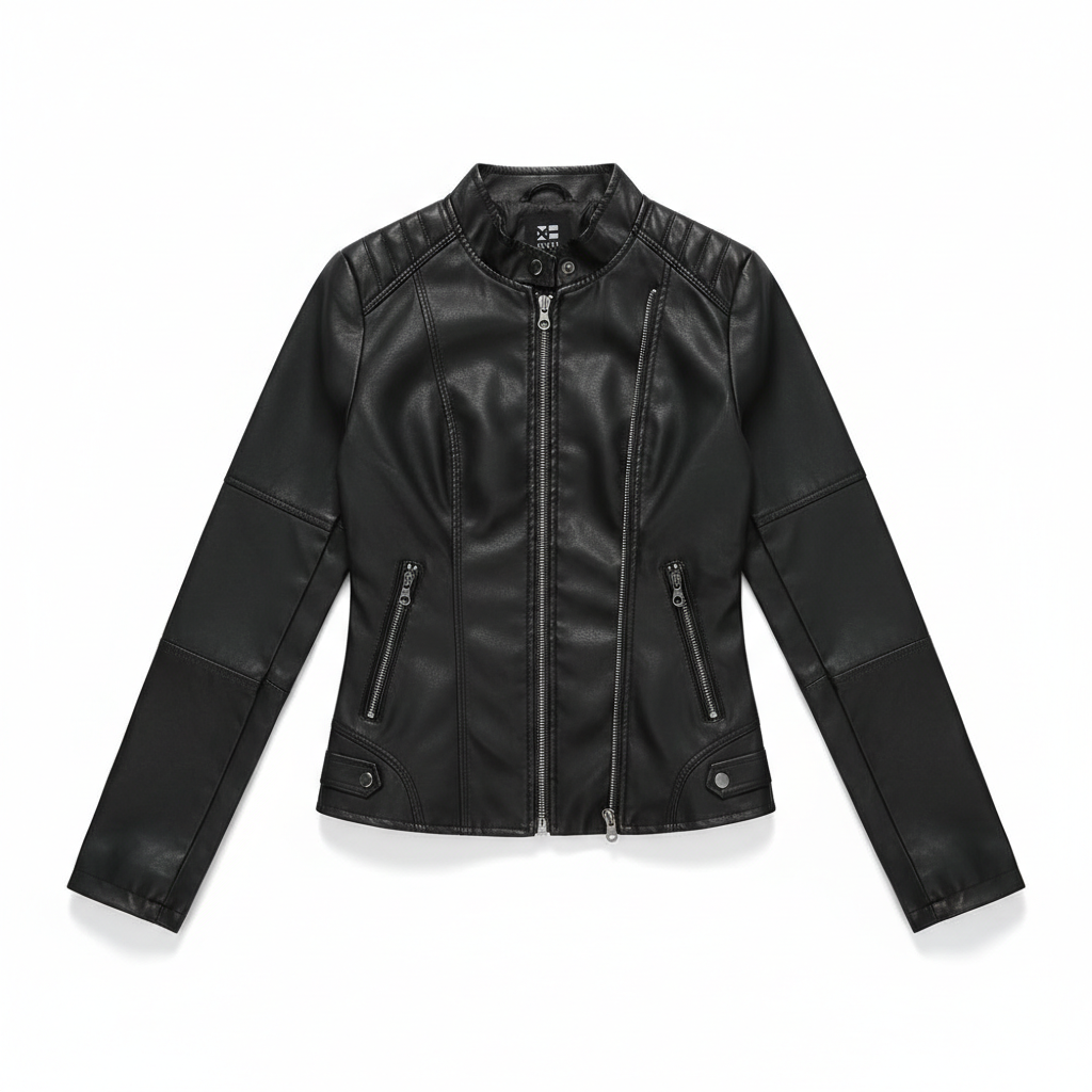 Women's Zip-up Leather Jackets Fashion Solid Color Pockets Stand Collar Top Outwear Clothing