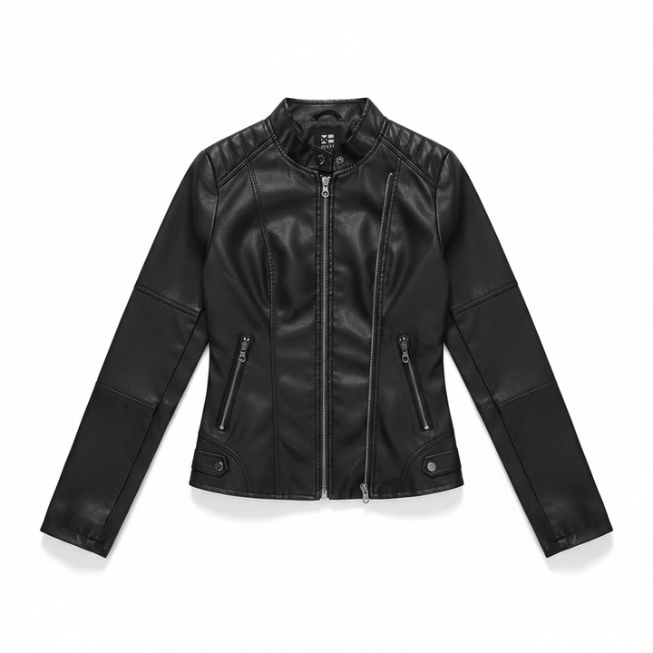 Women's Zip-up Leather Jackets Fashion Solid Color Pockets Stand Collar Top Outwear Clothing
