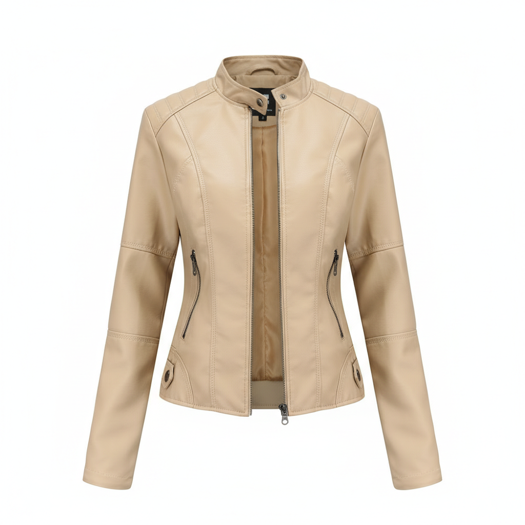 Women's Zip-up Leather Jackets Fashion Solid Color Pockets Stand Collar Top Outwear Clothing