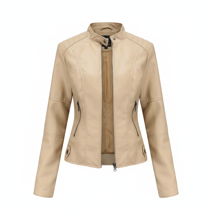 Women's Zip-up Leather Jackets Fashion Solid Color Pockets Stand Collar Top Outwear Clothing