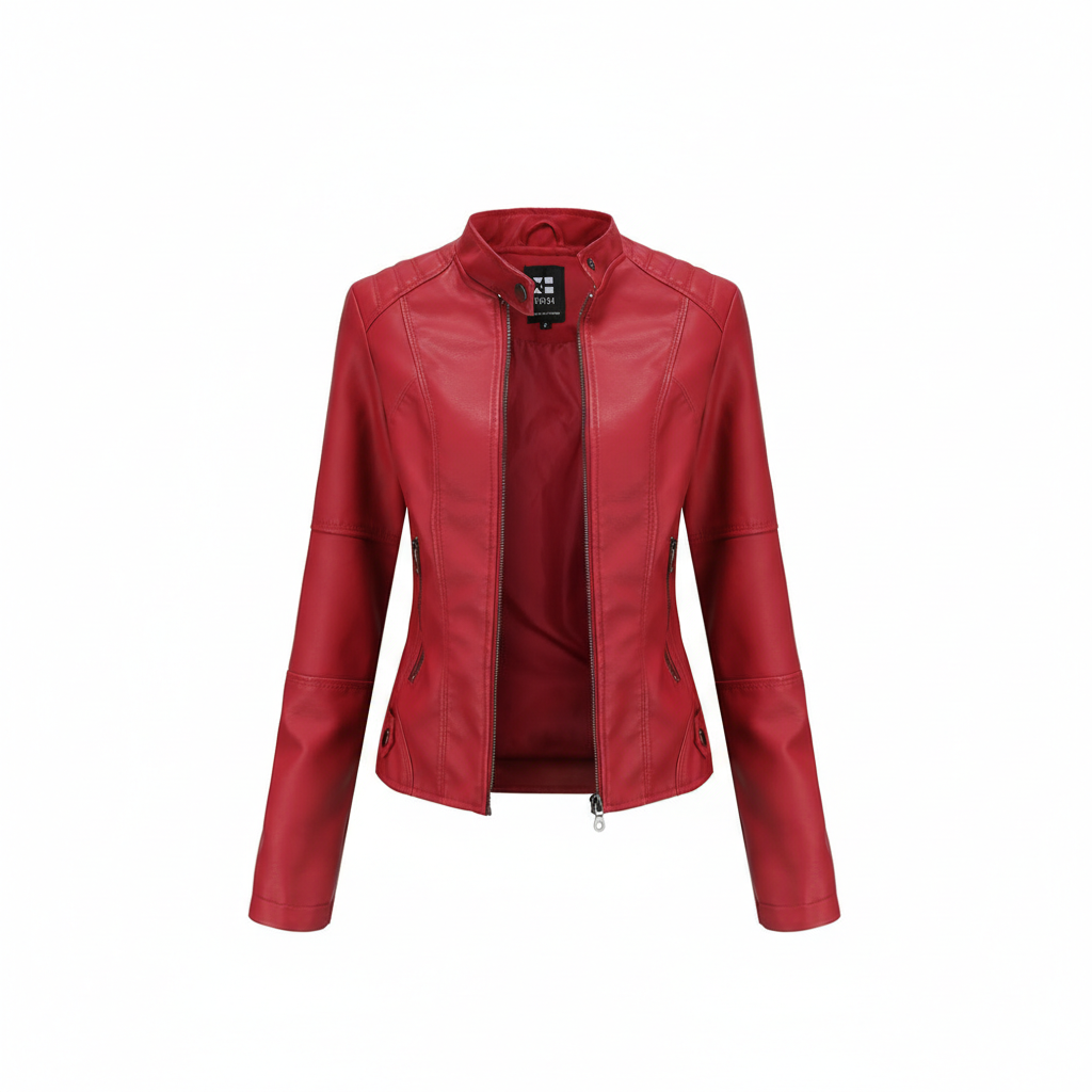 Women's Zip-up Leather Jackets Fashion Solid Color Pockets Stand Collar Top Outwear Clothing