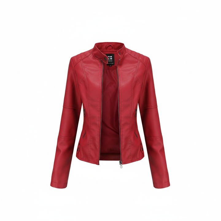 Women's Zip-up Leather Jackets Fashion Solid Color Pockets Stand Collar Top Outwear Clothing