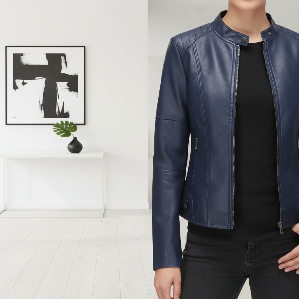 Women's Zip-up Leather Jackets Fashion Solid Color Pockets Stand Collar Top Outwear Clothing