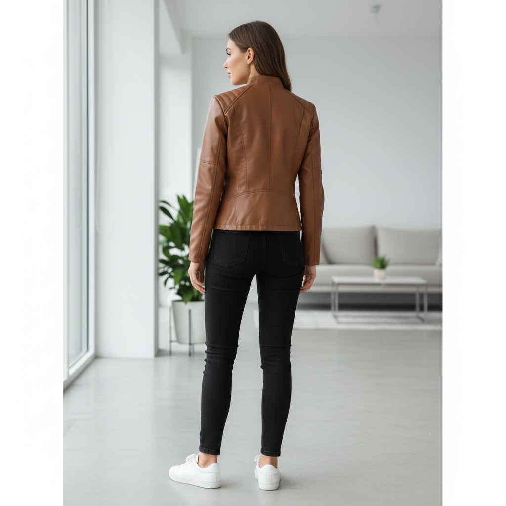 Women's Zip-up Leather Jackets Fashion Solid Color Pockets Stand Collar Top Outwear Clothing