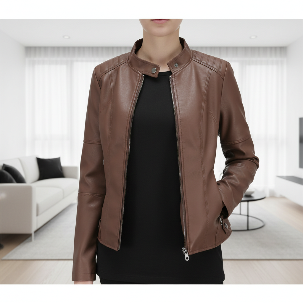 Women's Zip-up Leather Jackets Fashion Solid Color Pockets Stand Collar Top Outwear Clothing