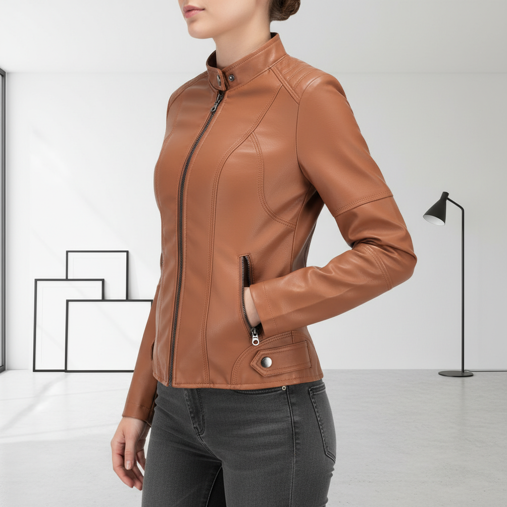 Women's Zip-up Leather Jackets Fashion Solid Color Pockets Stand Collar Top Outwear Clothing