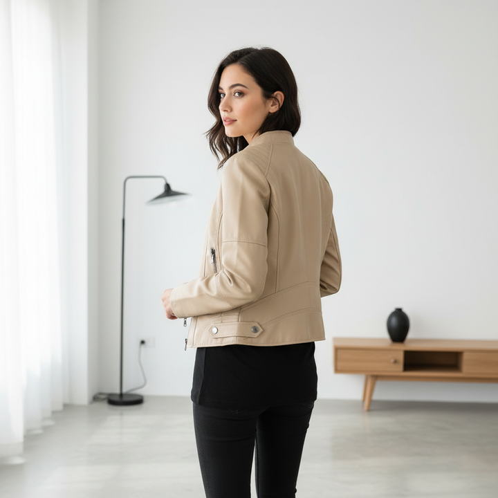 Women's Zip-up Leather Jackets Fashion Solid Color Pockets Stand Collar Top Outwear Clothing