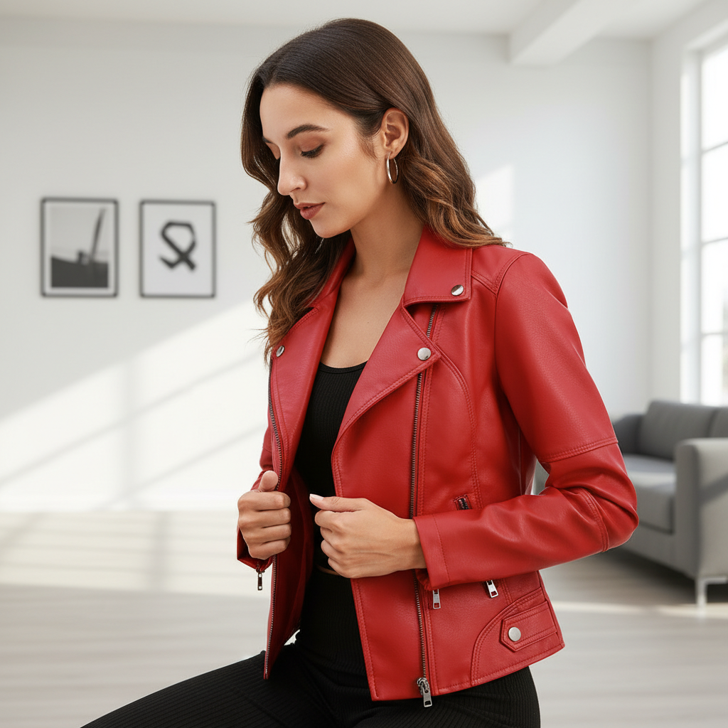 Women's Zip-up Leather Jackets Fashion Solid Color Pockets Stand Collar Top Outwear Clothing